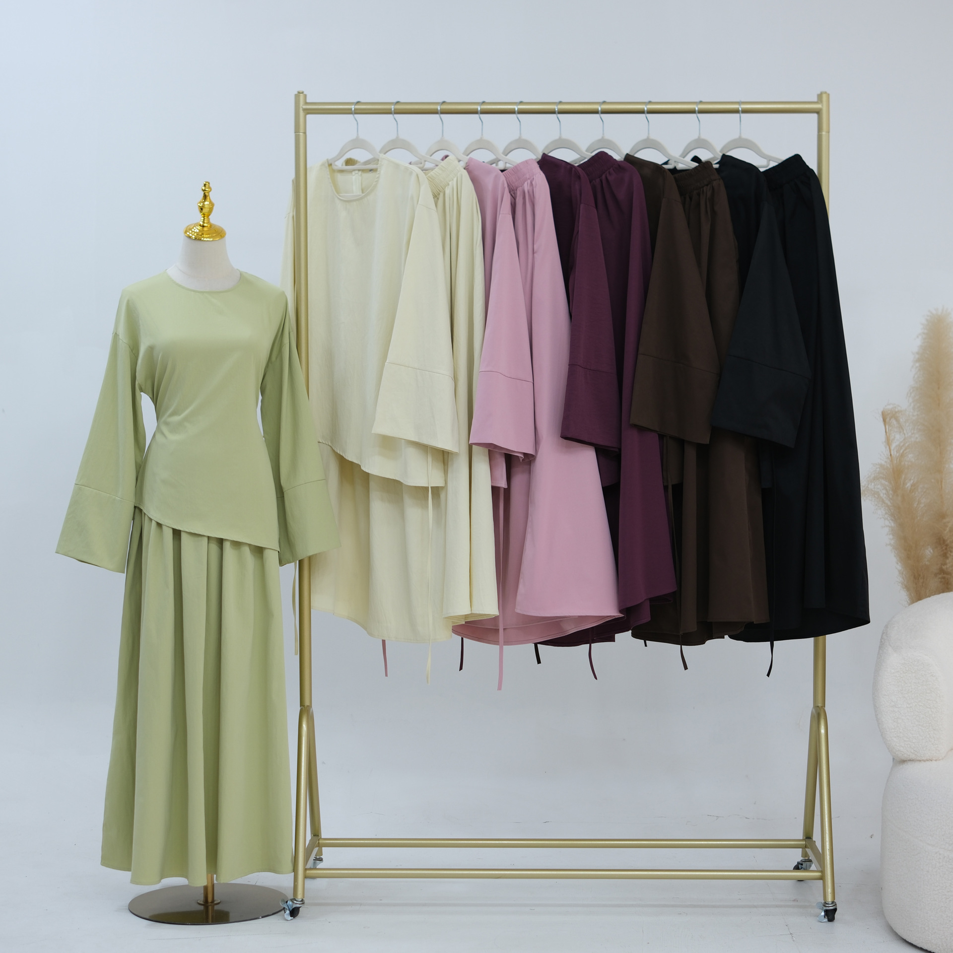 Ensemble 2 Pièces Haut et Jupe pour Femme, Tenue de Fête Musulmane, Blouse et Jupe, avec Ceintures, pour l'Aïd, le Ramadan, style Maroc, Dubaï, Islam, Arabe