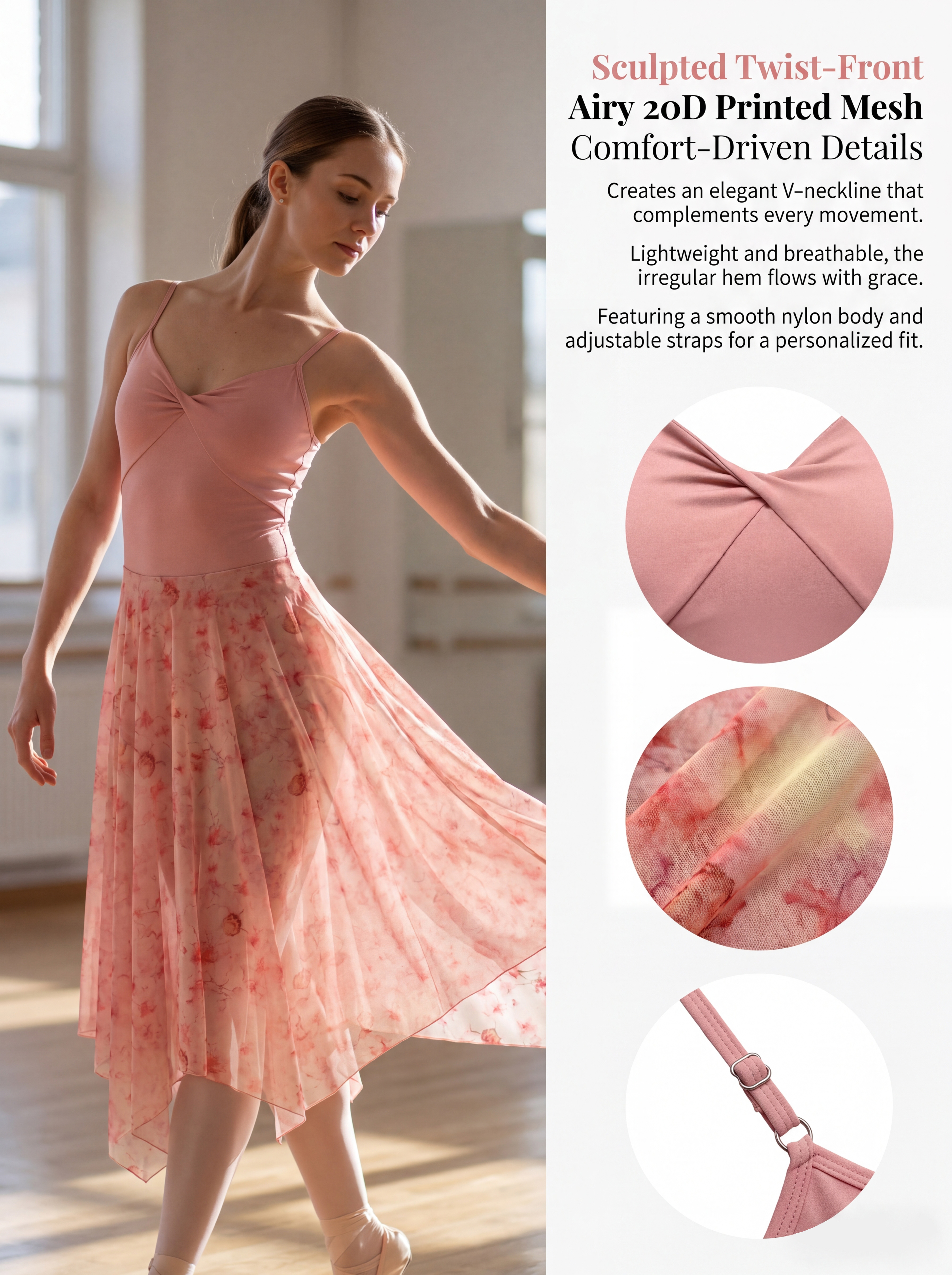 Costume de danse lyrique pour femmes, robe de danse contemporaine en maille imprimée 20D, asymétrique, fluide, col en V, vêtements de danse de ballet
