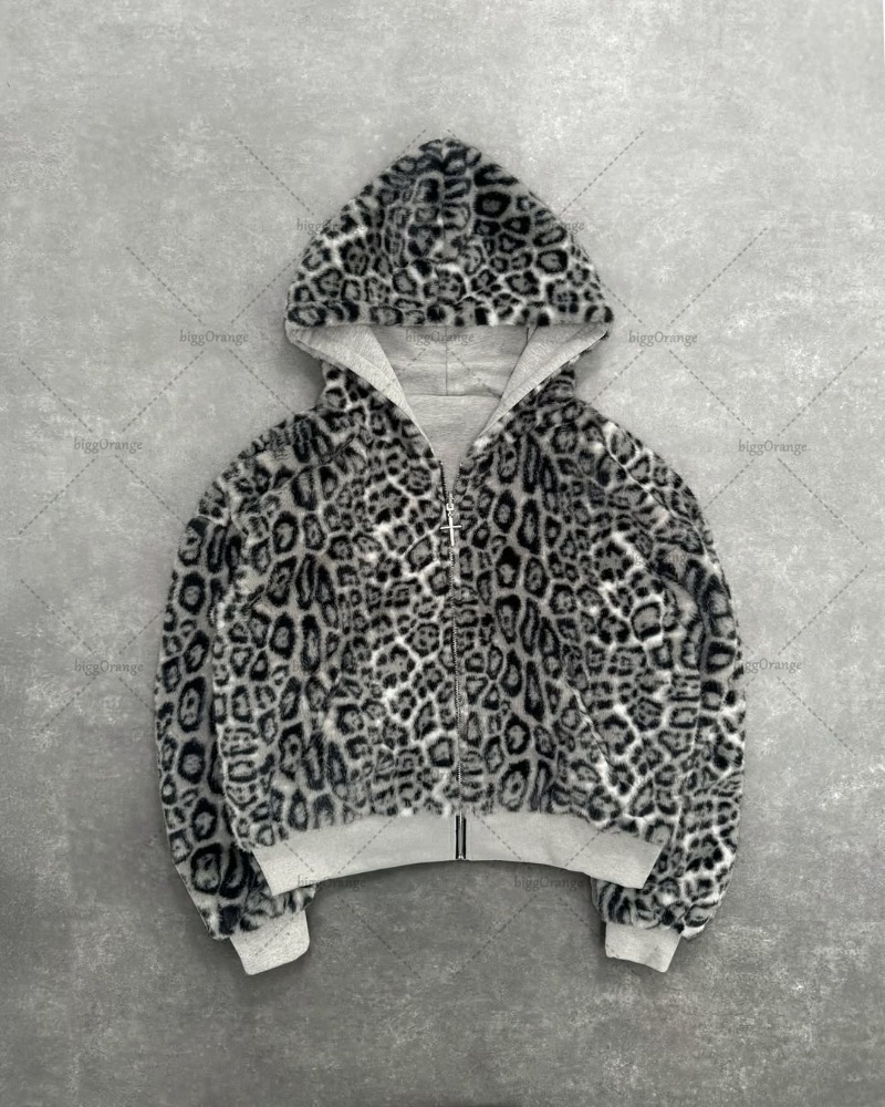 Sweat-shirt à capuche zippé rétro imprimé léopard double face, coupe ample, tendance streetwear punk décontracté, pour hommes et femmes