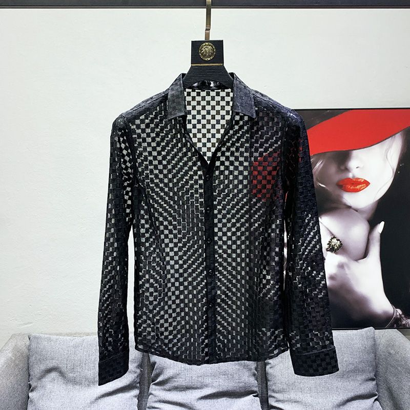 Chemises noires et blanches pour hommes, chemises à manches longues, Design transparent, fine, ajourée, à carreaux, maille fine, dessus respirants, tendance de la mode