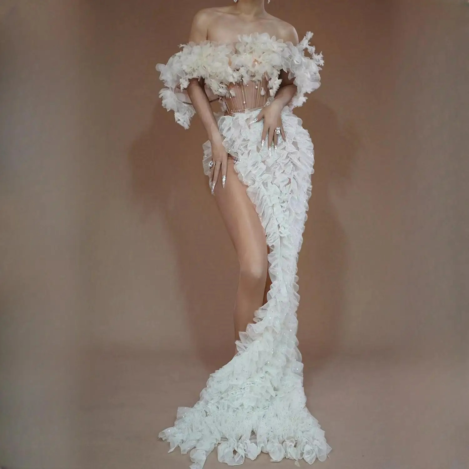 Robe en dentelle blanche à sequins pour femmes, haut et jupe sexy, tenues de fête d'anniversaire, mariage sur scène, drag queen, 303, 2 pièces