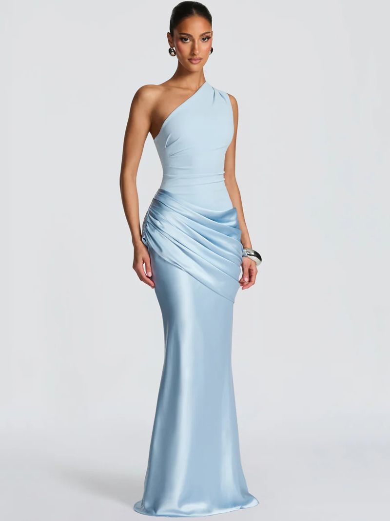 Nouvelle Robe de Soirée en Satin Patchwork 2026, Asymétrique à Une Épaule, Sans Manches, pour Bal de Promo et Fêtes, Robe Longue Sexy Froncée Moulante pour Femme