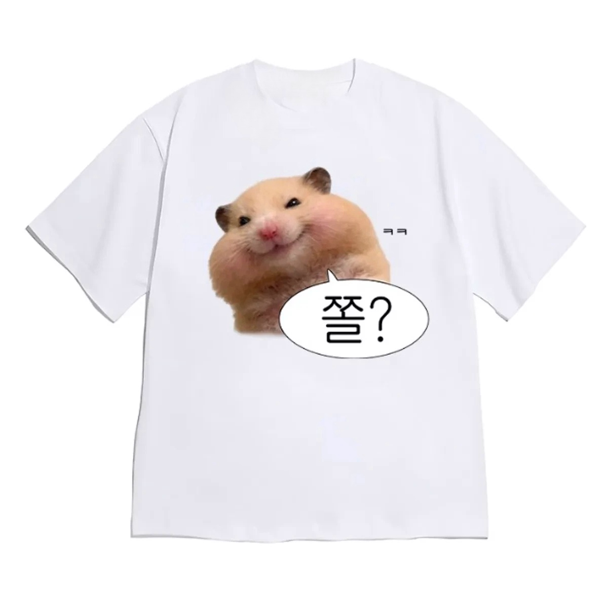 T-shirt streetwear coréen pour femme, motif graphique mignon de hamster moelleux et texte Hangul, style vintage Y2K, décontracté à manches courtes pour le quotidien
