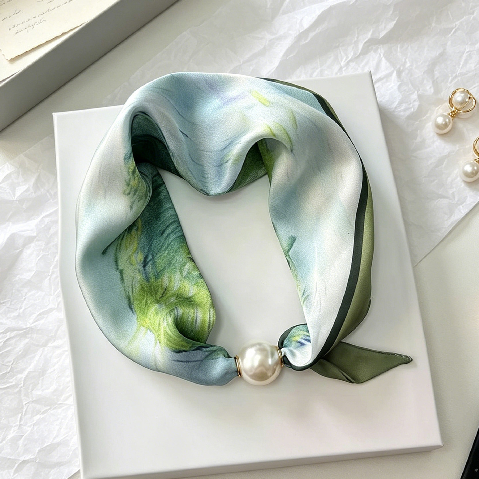 Nouvel Foulard Élégant Bleu Perle avec Fermoir Magnétique, Accessoire Artistique Polyvalent et Respirant pour l'Été
