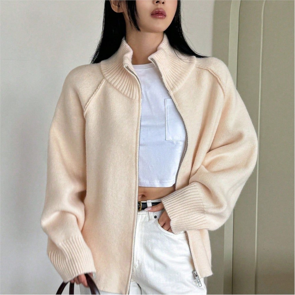 Veste pull pour femme, couleur unie, col montant, fermeture éclair, cardigan tricoté, style ample et simple, polyvalent et élégant