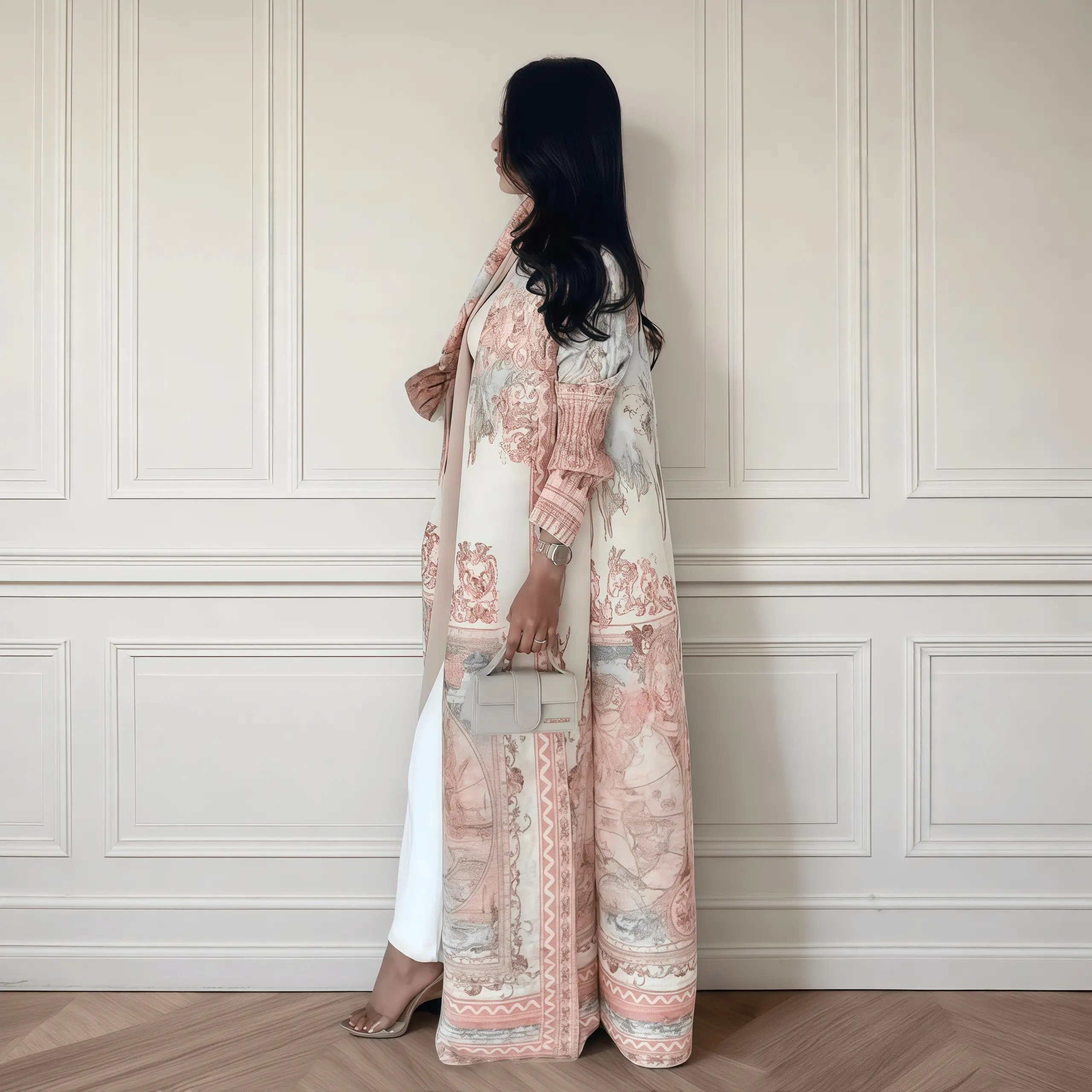 Abaya Miyake élégante à imprimé vintage, ouverte sur le devant, légère et fluide, coupe ample, mode modeste pour femmes, long kimono cardigan