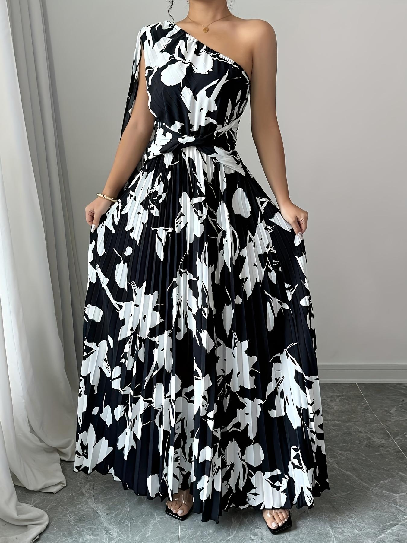Robe longue élégante à imprimé floral pour femme, asymétrique à une épaule, avec manches bouffantes larges et taille froncée, idéale pour le printemps/automne, les tenues décontractées ou les soirées.