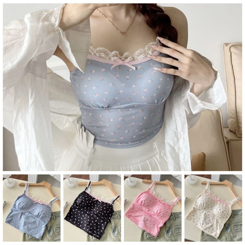 Débardeur court décontracté en soie glacée à motifs floraux, avec coussinets, sans manches, en dentelle, avec nœud, coupe ajustée et élastique, pour fille, style plage