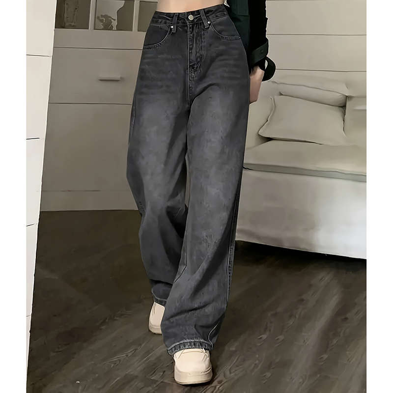 Jean taille haute pour femme, streetwear, designer, jambe large, gris classique, gothique, pantalon droit, mode
