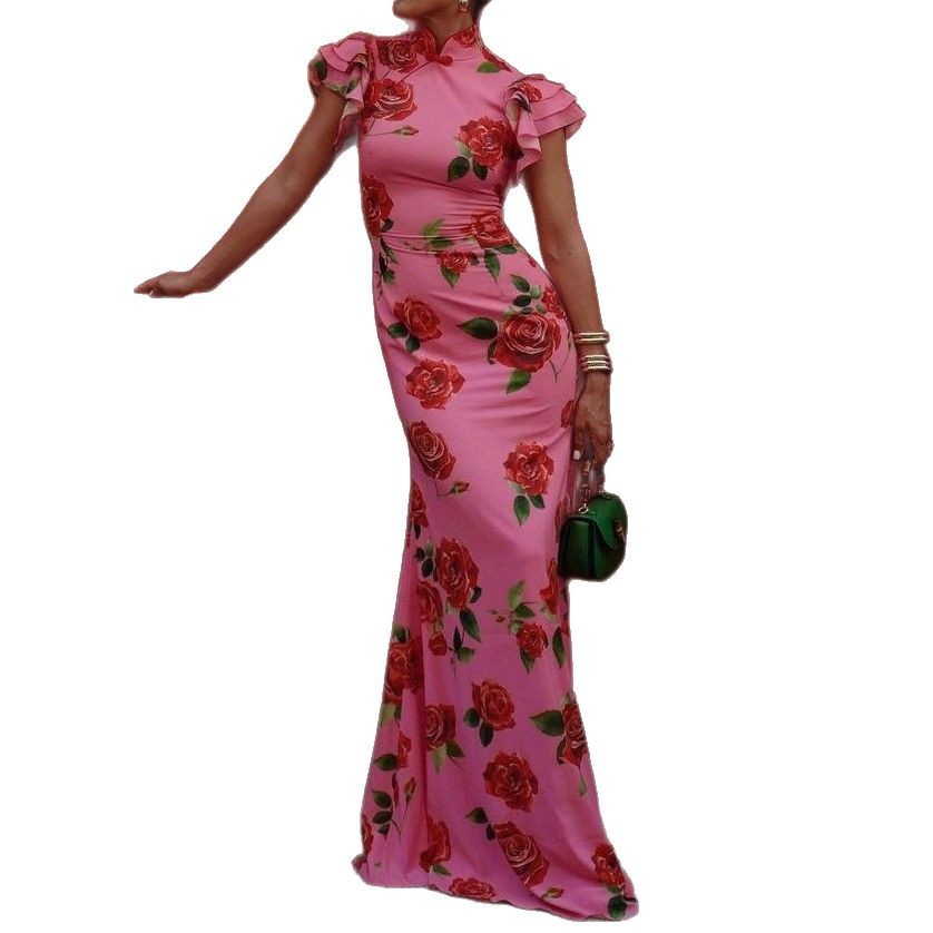 Robe longue à volants pour femmes, imprimé Floral Rose, moulante, Sexy, pour bal de promo, déplacements, tempérament mince, robes de soirée élégantes pour dames