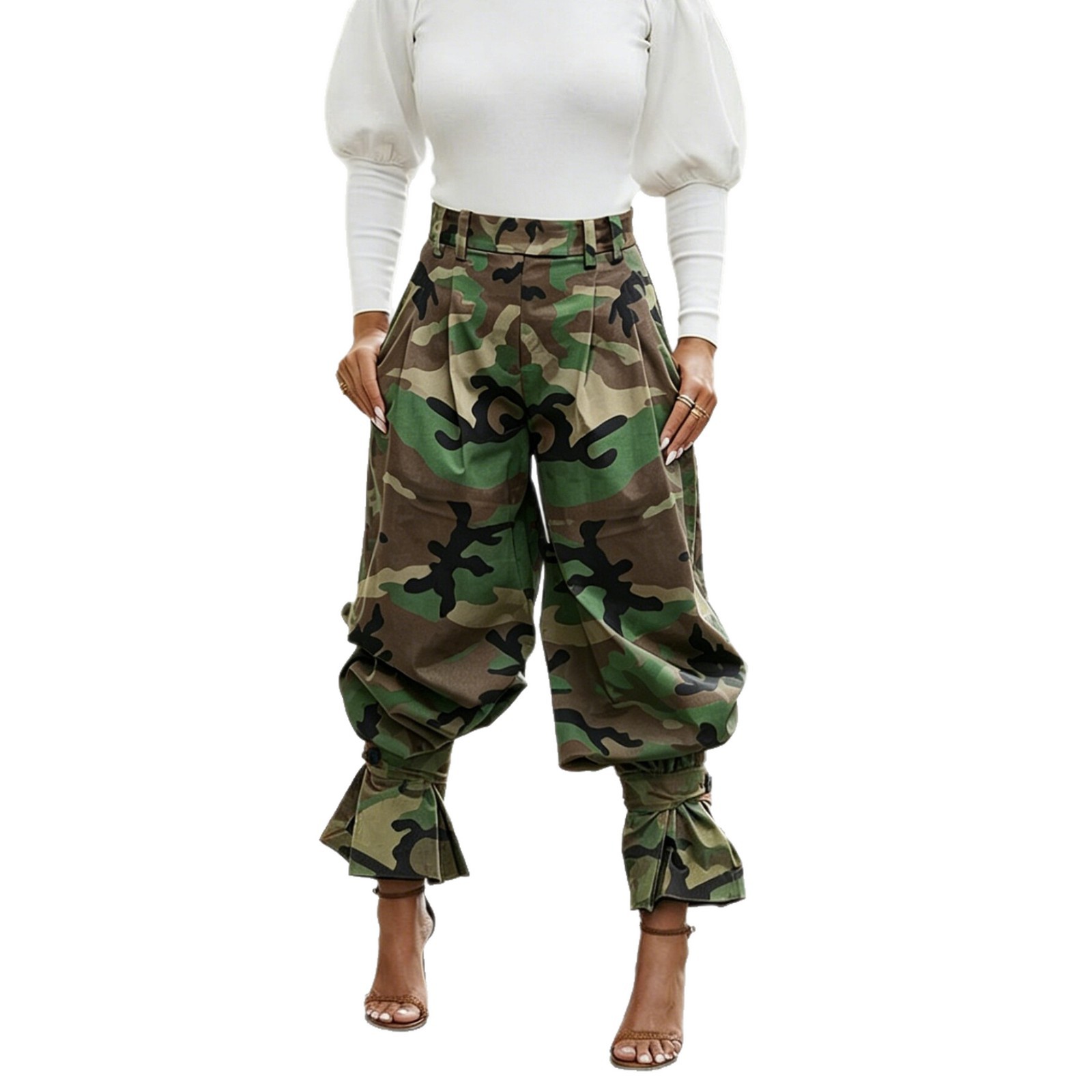 Pantalon baggy à taille haute pour femmes, imprimé camouflage, plissé, ample, style streetwear, avec revers à nouer et ourlet évasé, pantalon tendance