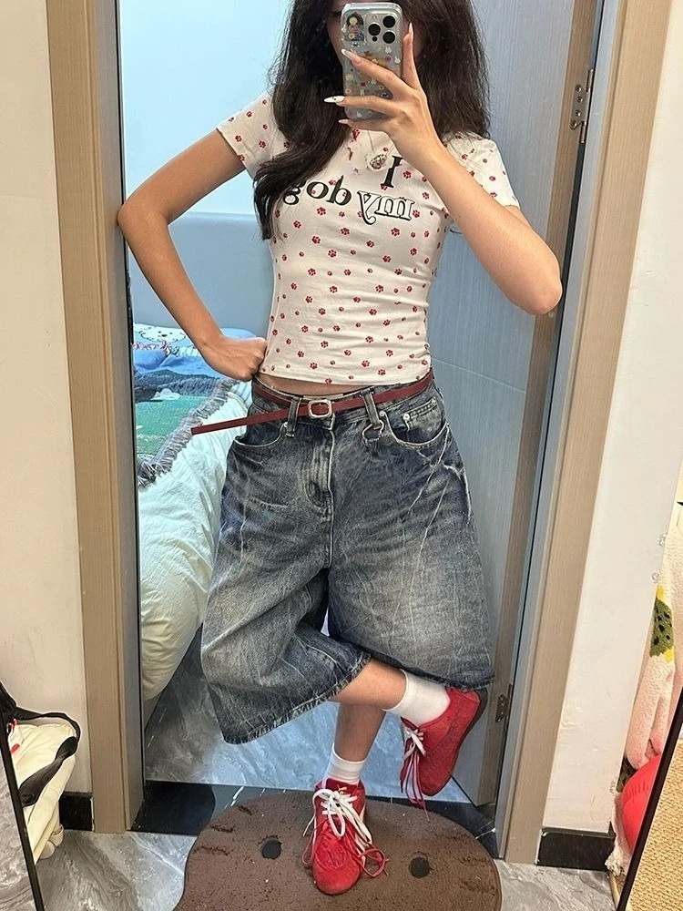 Shorts en jean délavé vintage pour femme, taille haute, coupe ample, longueur genou, style Y2K, streetwear décontracté, mode coréenne