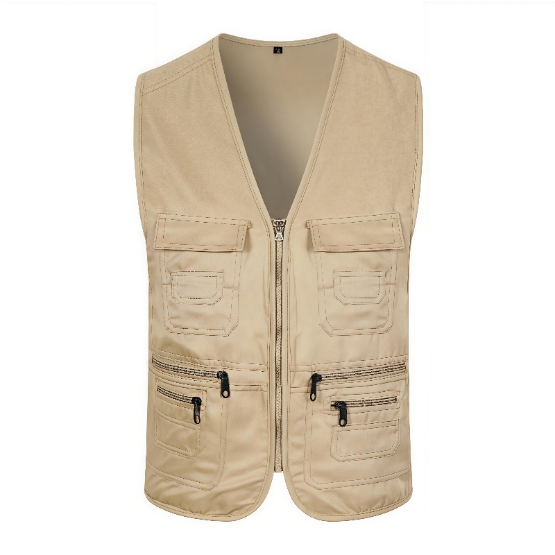 Vêtements de travail gilet multi-poches couleur unie décontracté sans manches fermeture éclair vêtements de travail col en V gilet de volontaire pour la pêche