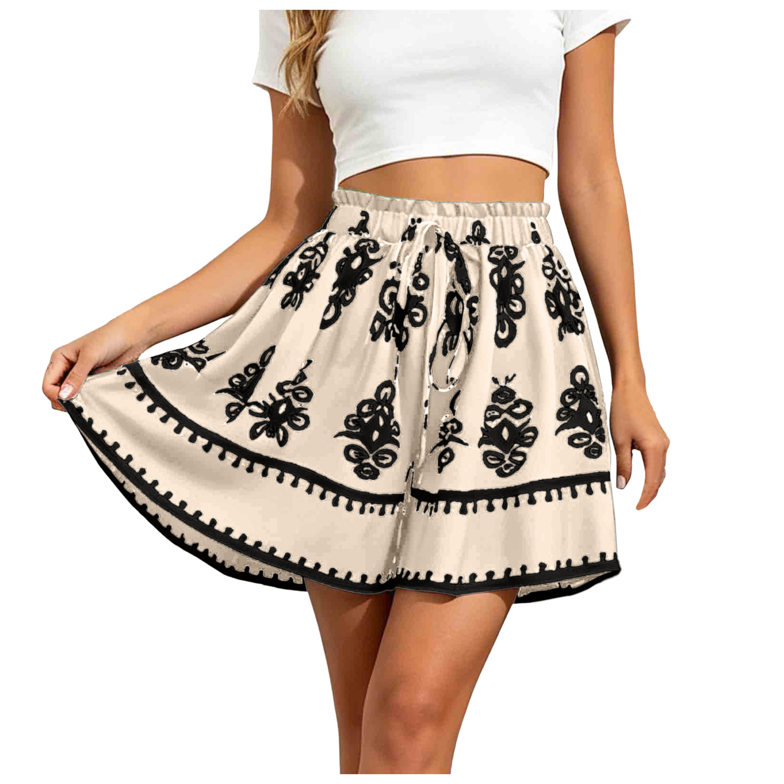 Shorts Bohèmes Imprimés pour Femmes, Taille Haute Élastique, Jambes Larges Fluides, Style Ethnique Bohème, Short-Jupe Décontracté d'Été pour la Plage
