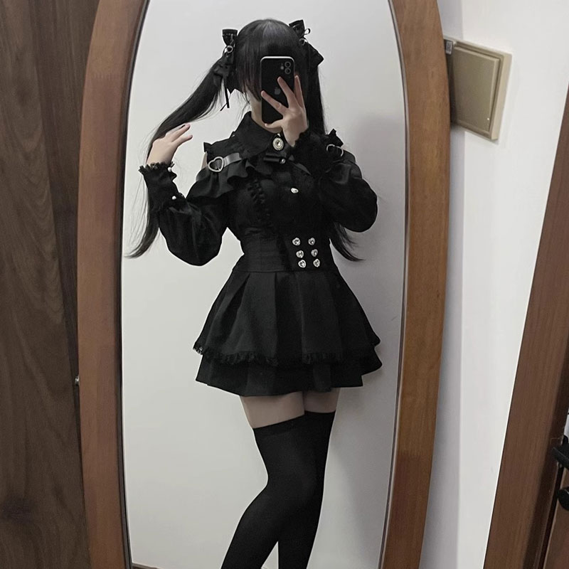 Ensemble chemise et jupe Lolita Jirai Kei pour filles, chemise à manches longues avec nœud Kawaii, jupes noires, style japonais Y2K, ensemble élégant pour femmes