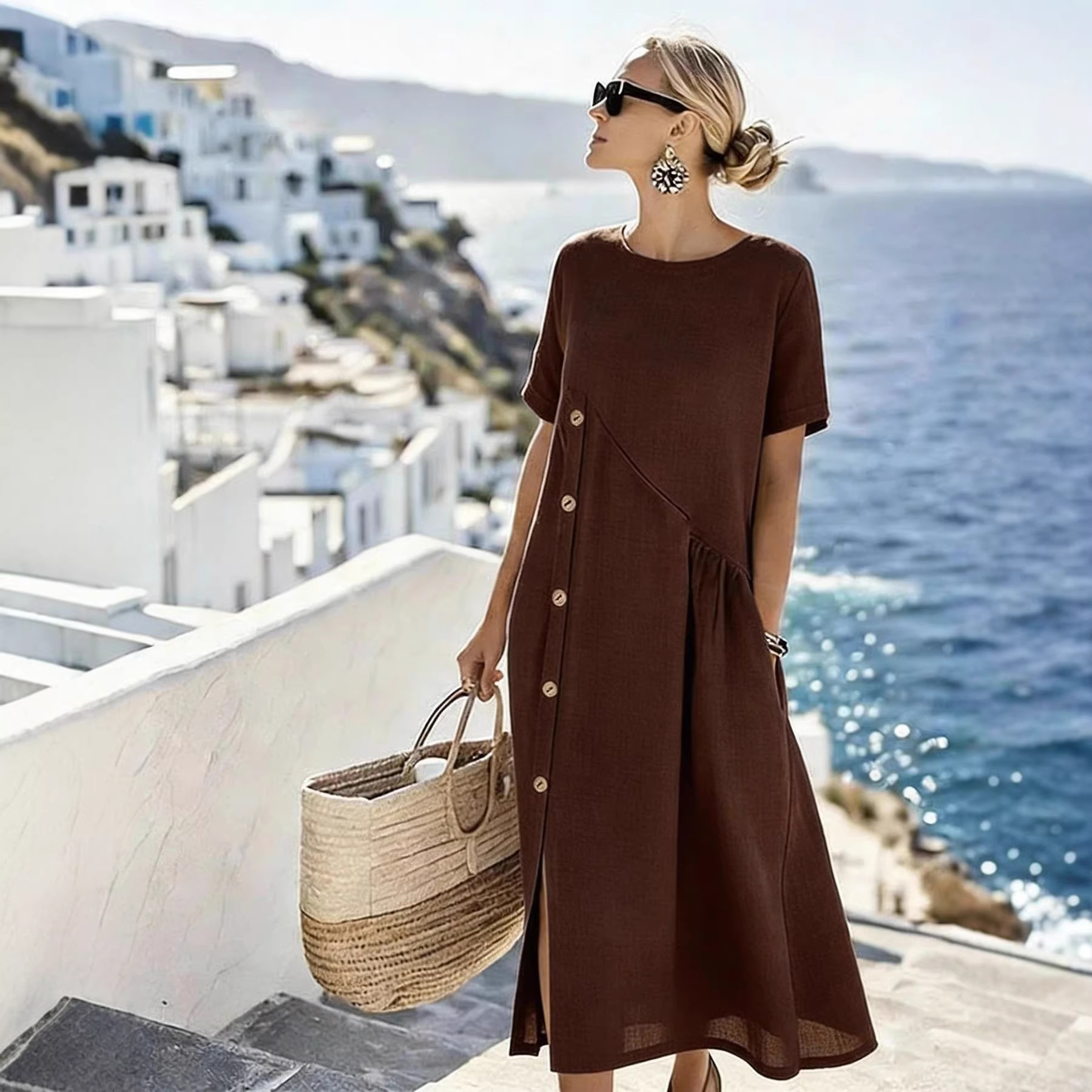 Robes pour femmes 2026 Nouveauté décontractée avec boutons décoratifs, poches pliables, col rond, couleur unie, robes longues, vêtements pour femmes, vestidos