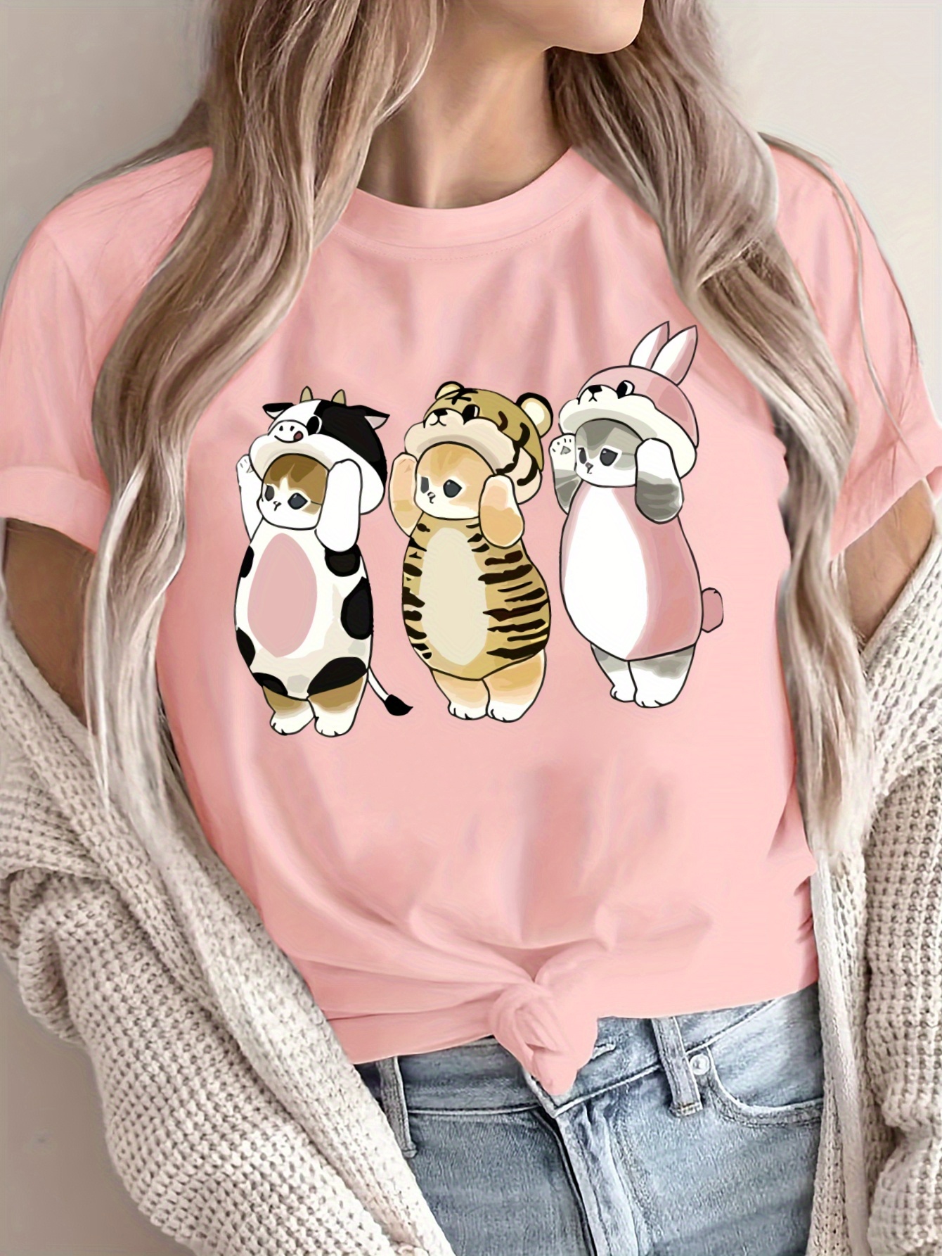 T-shirt à manches courtes imprimé animal de dessin animé mignon pour femme Design décontracté et sportif pour avec un adorable graphique chat chien lapin et ours