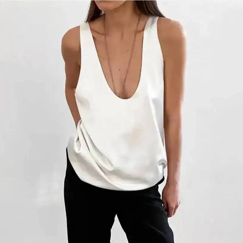 Débardeur en satin à col en U sans manches pour femme, style urbain polyvalent noir et blanc, avec doublure intérieure polyvalente