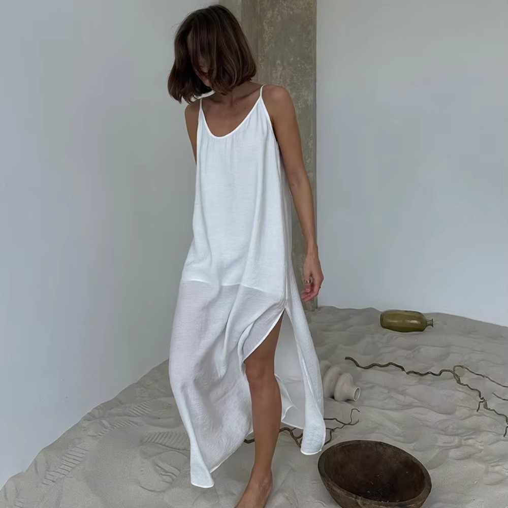 Robe longue décontractée à col en V, sans manches, dos nu, blanche, coupe droite, pour femme, été