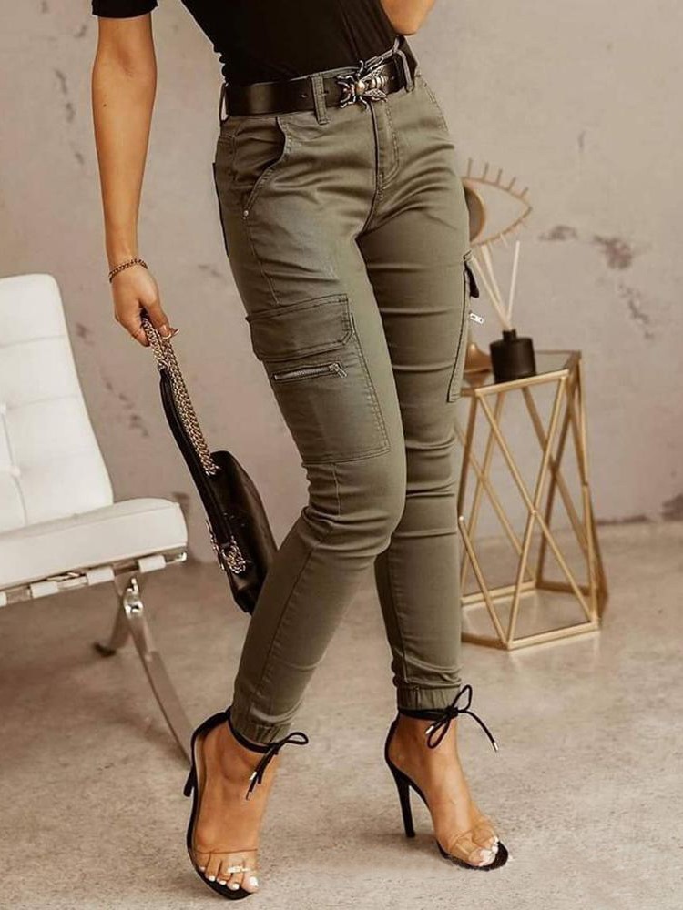 Mode femme pantalon de travail printemps automne décontracté multi-poches serré pied pantalon taille basse bouton couleur unie femmes Leggings