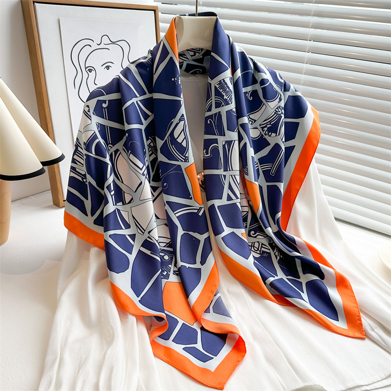 Nouvelle Écharpe Carrée Imprimée de 90 cm pour Femme, Foulard en Soie Sergée Printemps-Automne, Châle et Hijab de Luxe