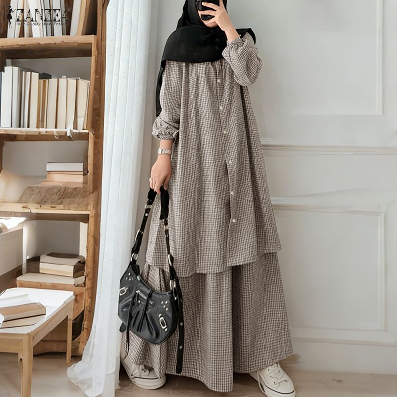 2026 ZANZEA Ensemble de survêtement musulman pour femme, 2 pièces, comprenant une robe chemise longue à manches longues et une jupe kaftan, tenue oversize à carreaux