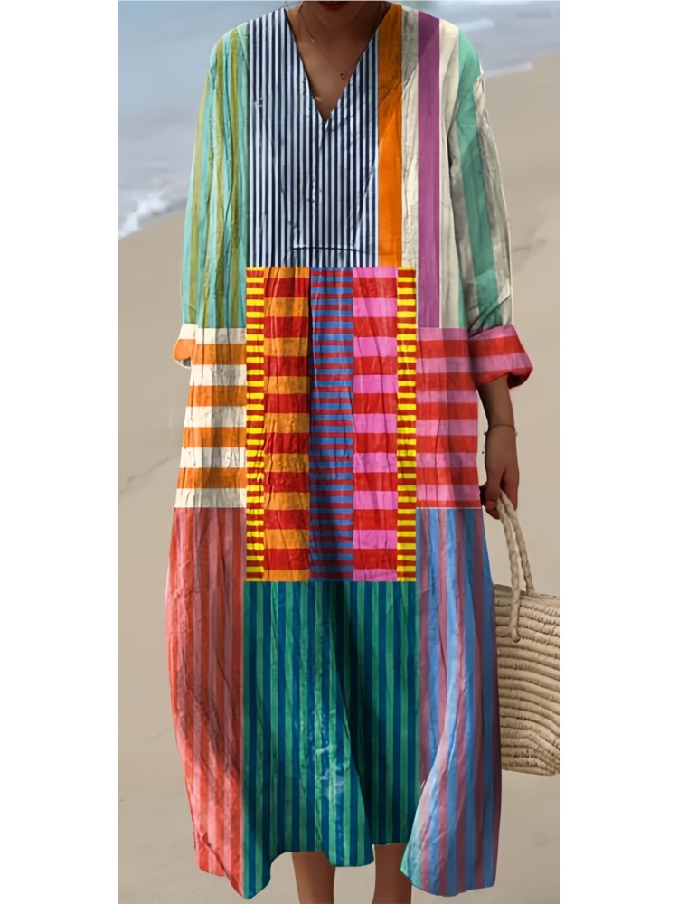 Robe imprimée pour femmes, décontractée, col en V, manches longues, pull ample, style Boho, jupes de vacances, vêtements pour femmes, nouvelle collection