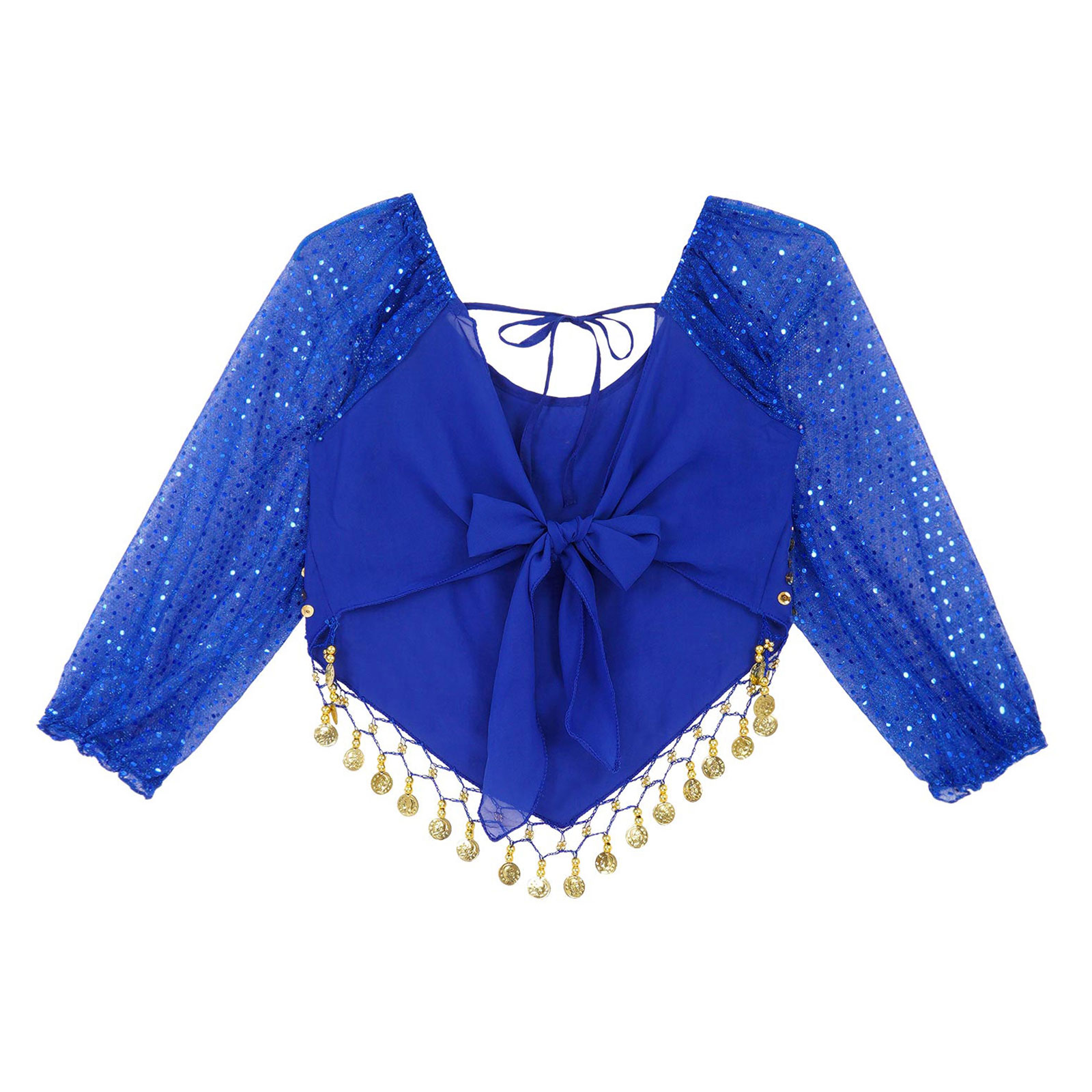 Haut court à paillettes brillantes pour femmes, manches longues, mousseline de soie de danse du ventre, dos en Y, ourlet irrégulier, costume de performance de carnaval