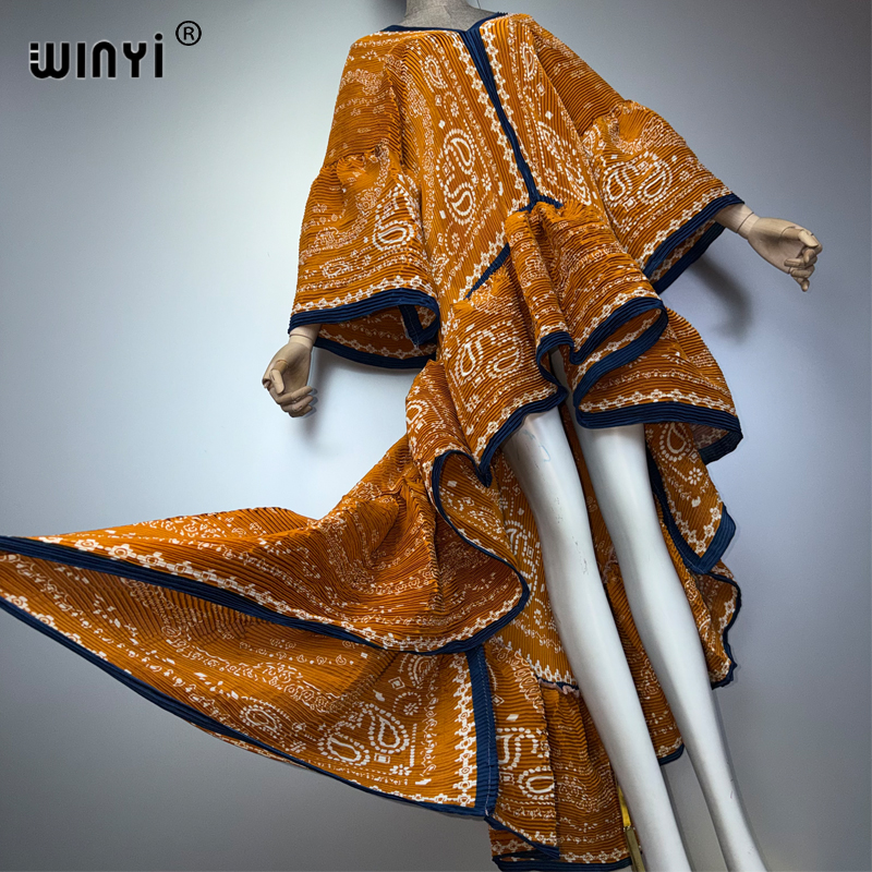 WINYI Robe plissée élastique et ajustée de style bohème pour femmes musulmanes, Kaftan Abaya, tenue de plage, longue robe de soirée de luxe de Dubaï