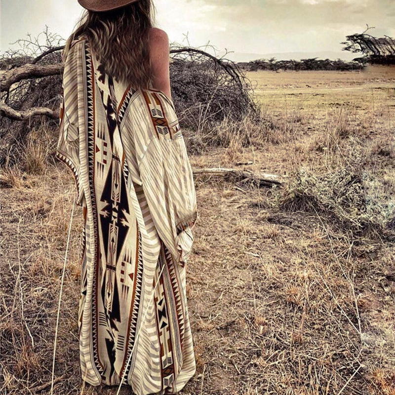 AYUALIN-Robe cardigan kimono à imprimé ethnique pour femme, tunique à manches longues, robe éducative vintage, couverture de plage Boho, chemisier en coton beige