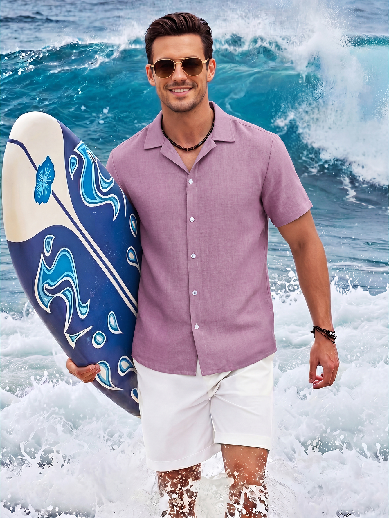 Chemise pour homme à col cubain, style lin, pour les vacances à la plage, loisirs en plein air, nouvelle collection été