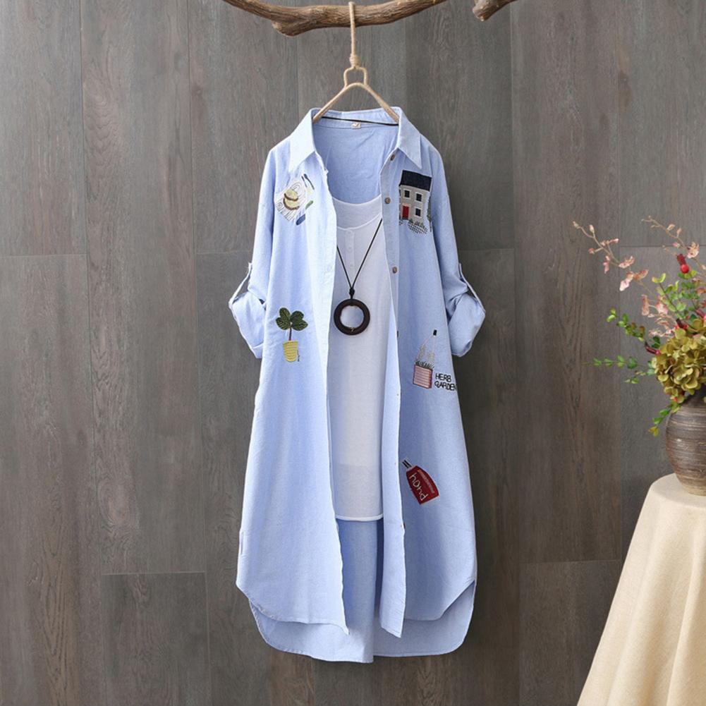 Chemise mi-longue pour femmes, broderie de dessin animé, ourlet ample irrégulier, col rabattu, simple boutonnage, Protection solaire, haut à manches longues