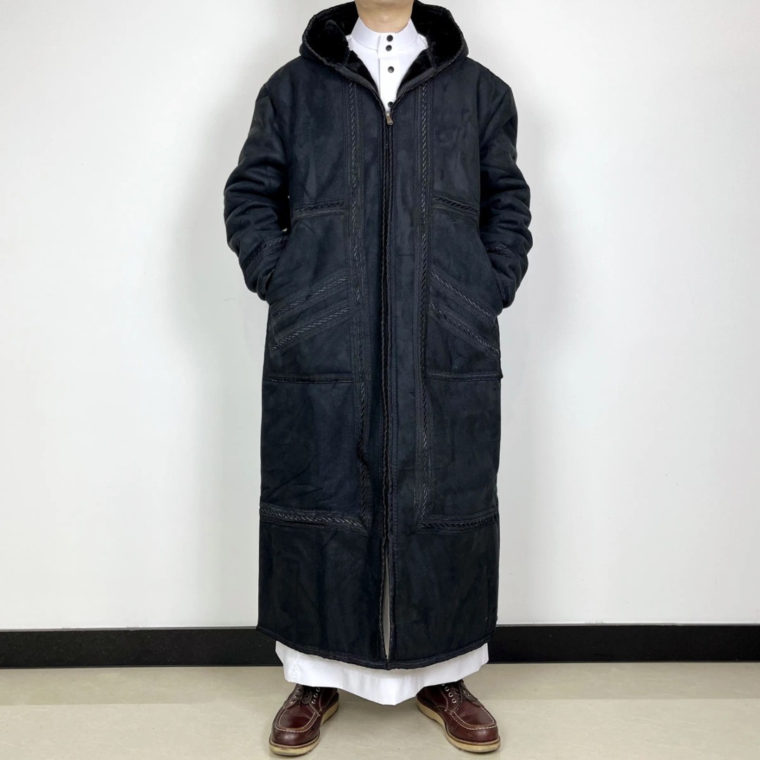 Qamis pour homme en faux daim, cardigan à capuche, épais, avec poches, chaud, hiver, musulman, islamique, arabe, Kaftan, Eid, prière, Jubba