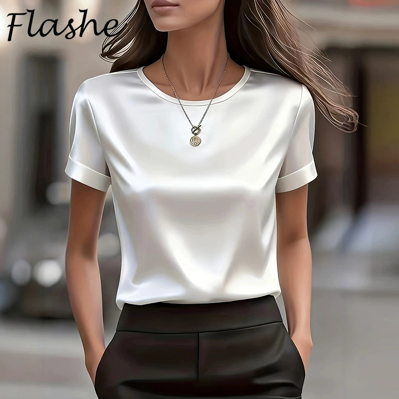 T-shirts d'été en soie pour femmes, col rond, chemises en satin noir et blanc pour femmes, hauts amples élégants, hauts de bureau à la mode pour femmes
