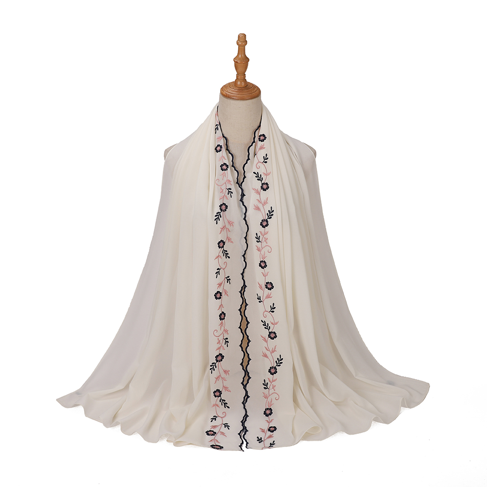 Hijab en Chiffon Brodé Floral avec Bord Ondulé, Écharpe pour Femmes Musulmanes, Voile Doux, Châle Islamique pour Dames