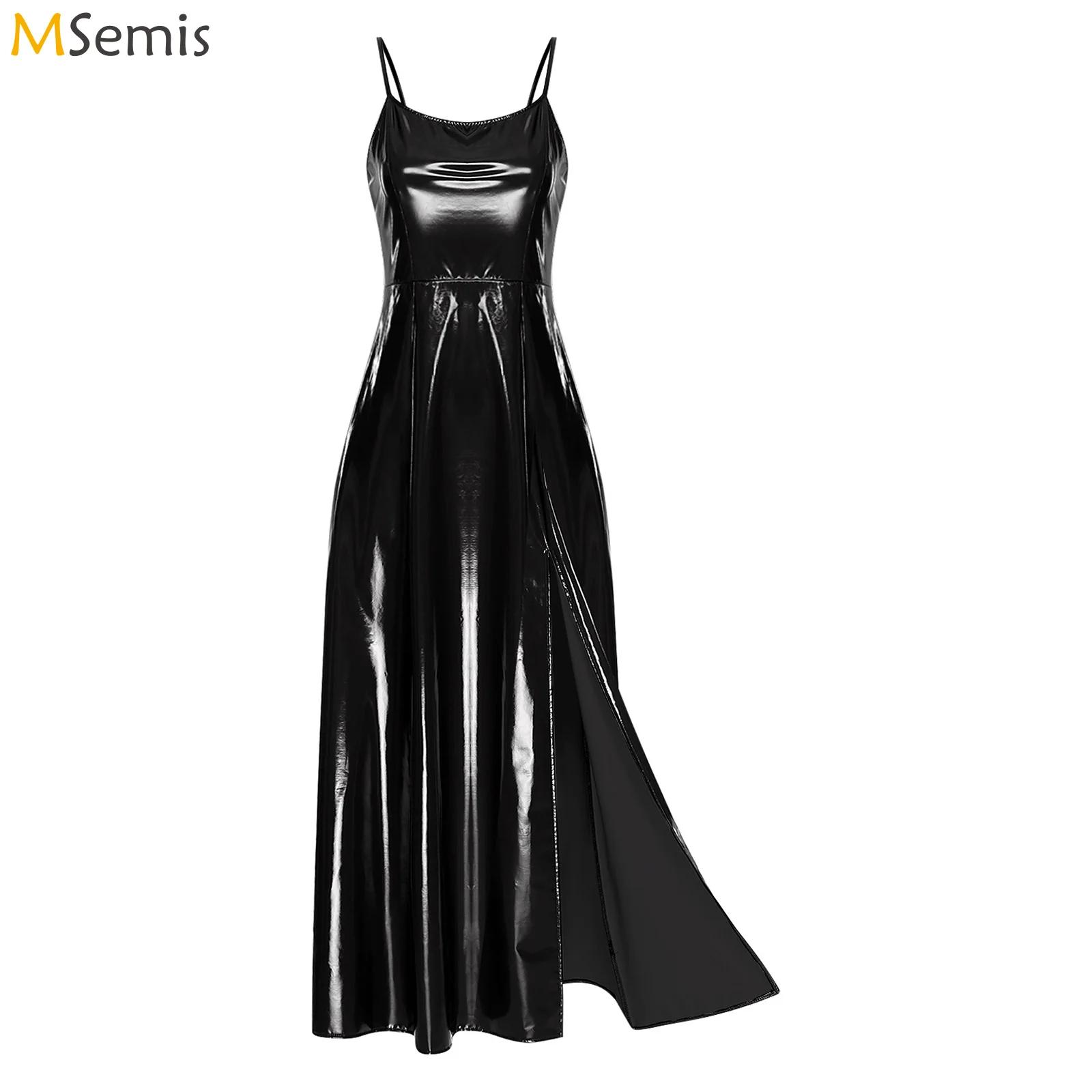 Robe moulante en cuir PU pour femmes, ourlet fendu sur le côté dans le dos, écharpe à lacets, gothique, Punk, robe Maxi brillante, Costume de fête en Club Raves