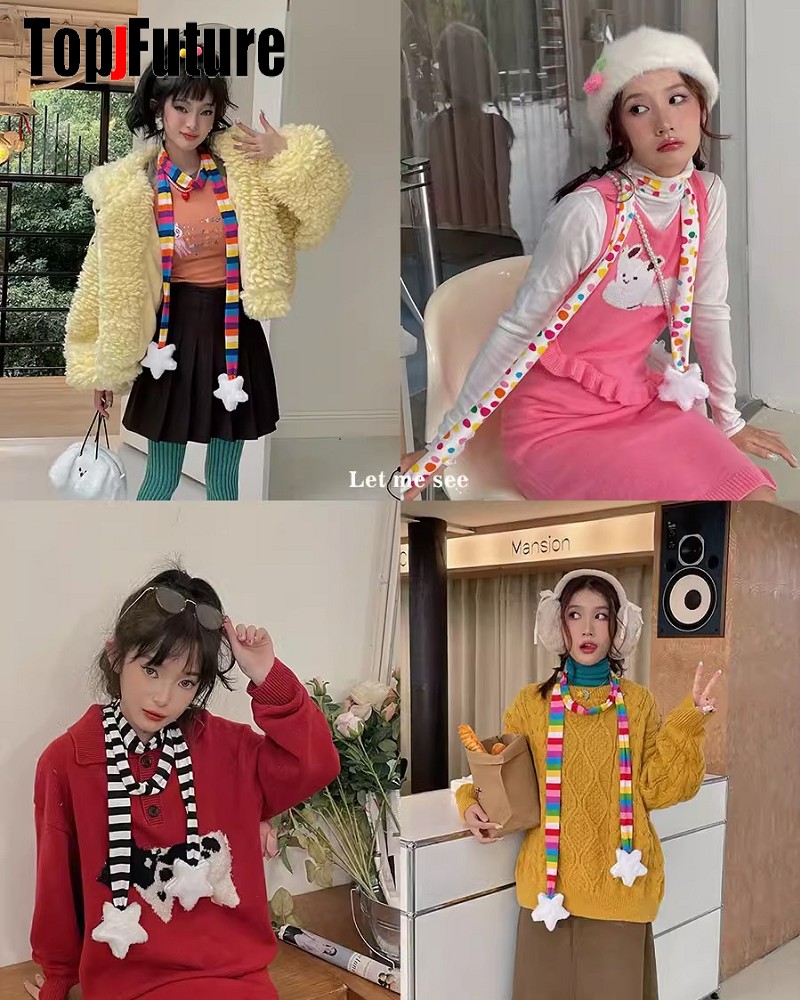 Écharpe gothique à rayures pour femmes, décoration de forme concave, foulards animés, sous-culture fille épicée, cou, Harajuku, Proxour, Y2K