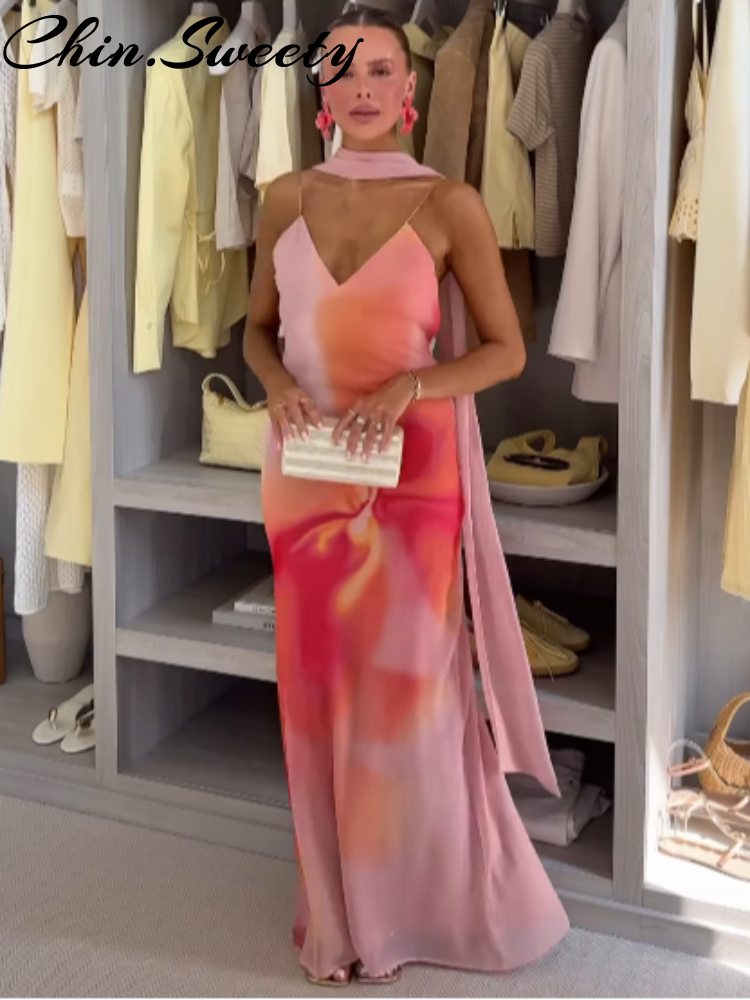 Sexy dégradé imprimé écharpe fronde longue robe femmes fête vacances sans manches dos nu femme robe de soirée 2025 dame robes