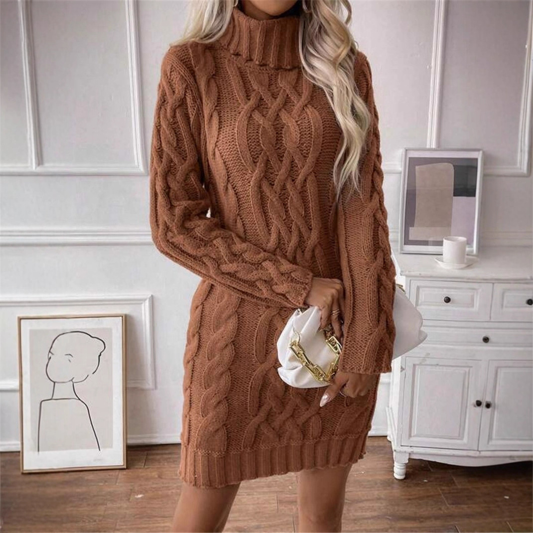 Robe pull en tricot pour femmes, Slim, col roulé, motif câble, manches longues, nouvelle collection automne hiver