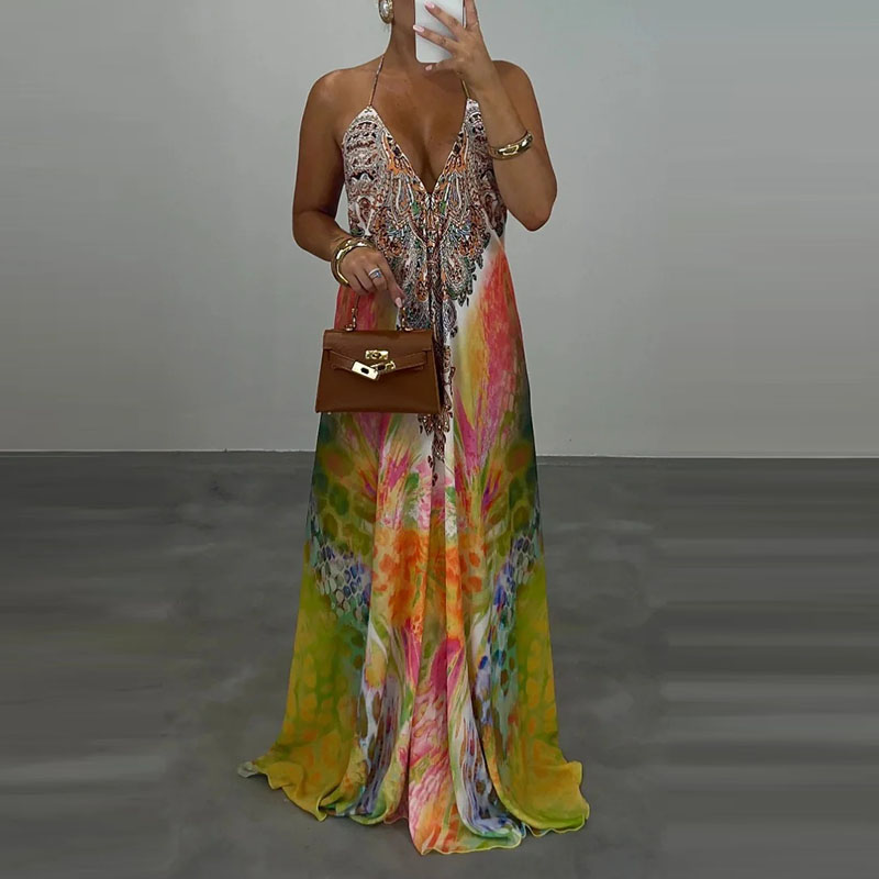 Robe de soirée décontractée, taille haute, Sexy, col en v, dos nu, sans manches, Robes de vacances, élégante, imprimée bohème, ample, pour femmes