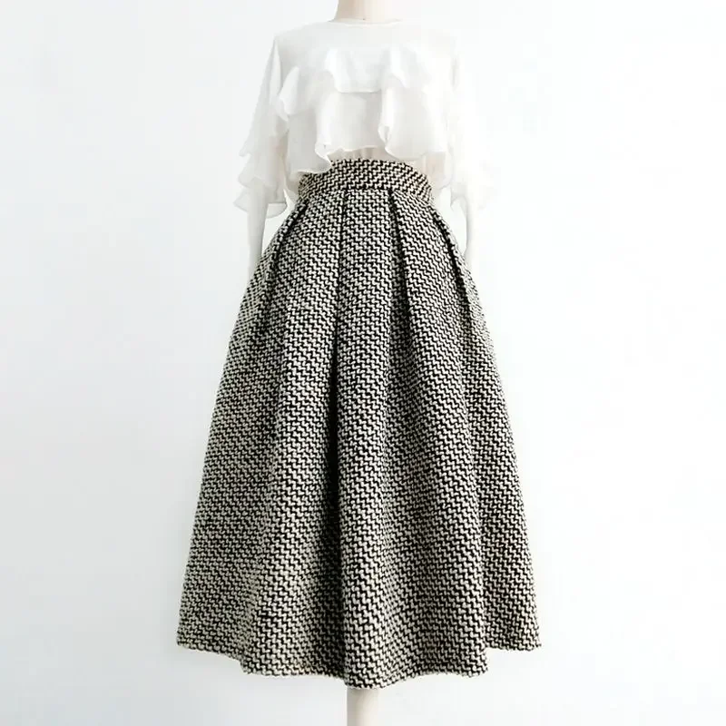 2025 nouvelle mode Tweed avec poche genou longueur jupe hiver femmes Vintage épaissi taille haute plissée a-ligne jupes Faldas