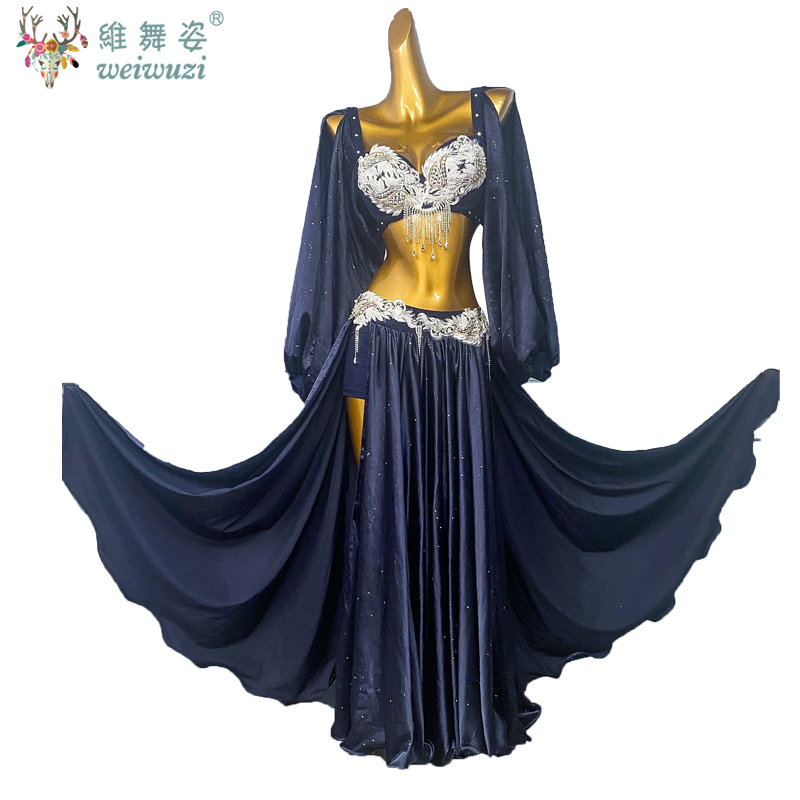 Ensemble de costumes de spectacle de danse du ventre pour femmes, soutien-gorge + jupe longue fendue en satin, 2 pièces, tenue de danse orientale personnalisée pour adultes et enfants