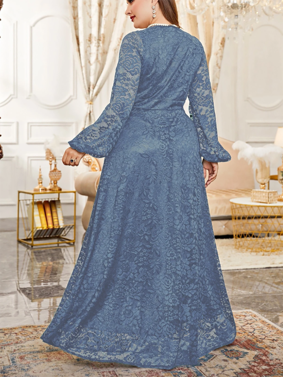 Robe Grande Taille Femme Col V Manches Longues Dentelle Taille Haute Coupe Évasée Élégante Printemps-Été Glamour Soirée Extensible