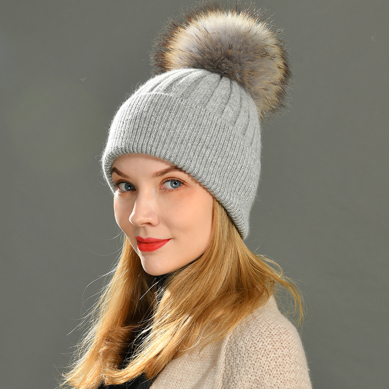 Femmes chapeau d'hiver femme amovible réel fourrure de raton laveur pompon chapeau casquette laine tricoté chapeau fourrure naturelle Pompon chapeau pour femmes bonnets