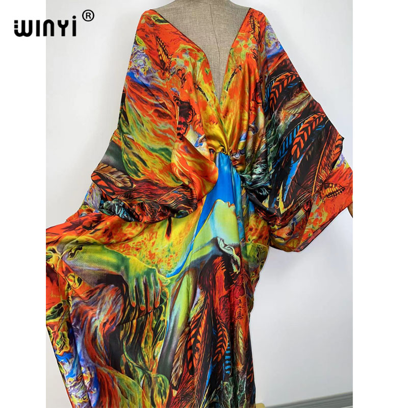 Robe longue de plage en soie, caftan, sensation de soie, rayonne, imprimé, à la mode, WINYI, Maxi, col en v, style bohème, 2021