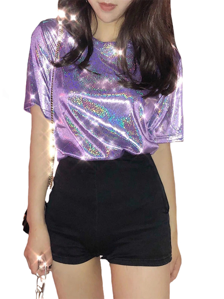 Été femme hauts brillant ample à manches courtes t-shirt sexy club esthétique harajuku femmes élégant brillant soie t-shirt