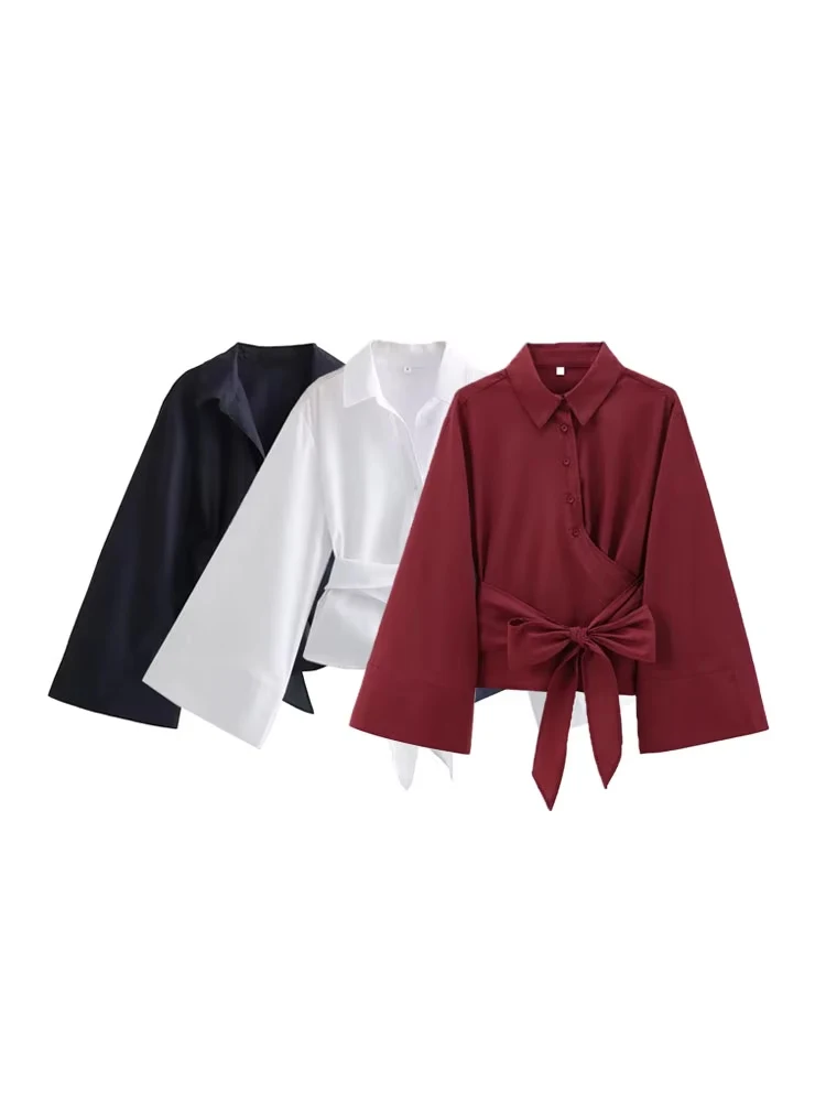 Chemisiers kimono à manches longues pour femmes avec nœud papillon, boutons sur le devant, chemises féminines, tops chics, mode