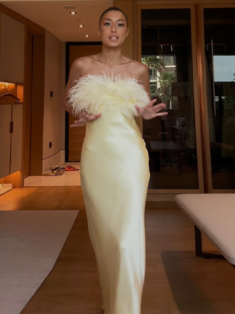 Robe Maxi en Satin uni à franges pour femmes, élégante, sans bretelles, sans manches, taille cintrée, robes longues, vacances d'été, nouvelle collection 2025