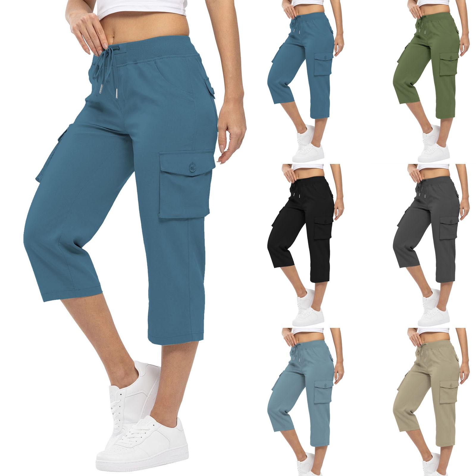 Pantalon skinny taille haute pour femme, pantalon au genou, design de poche, Wstring de proximité à revers, décontracté, uni, mode estivale, 2024