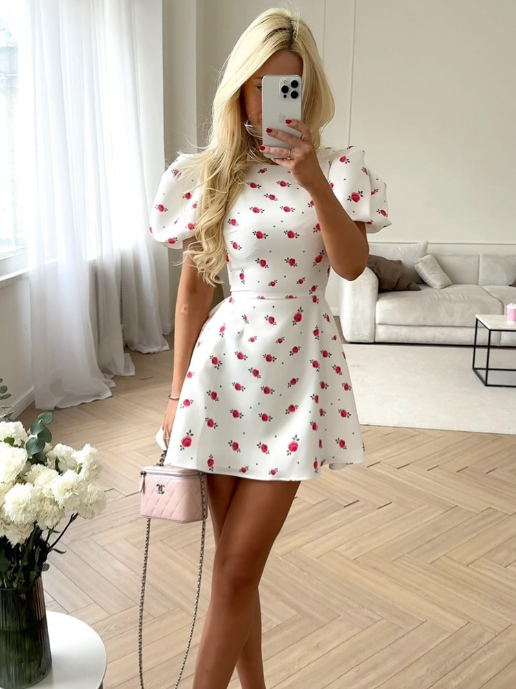 Robes à imprimé floral pour femmes, Streetwear sexy, Manches bouffantes, Col rond, A-ligne, Élégant, Mini, Éducatif, Femme, Slim Fit, Mode